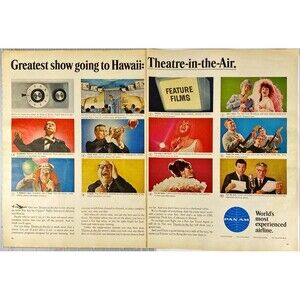 Pan Am Jet Clipper "Now with Theatre-in-the-Air" 2-page Vintage Print Ad 1965